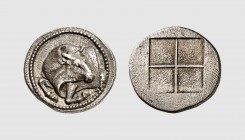 Macedon. Akanthos. 430-390 BC. AR Tetrobol (2.59g). SNG ANS 31; Tradart 6.48 (this coin). Old cabinet tone. Perfectly centered and struck on a broad f...