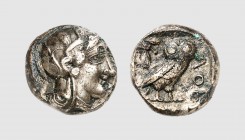 Attica. Athens. 406-405 BC. "Fourrée" Drachm (3.18g, 9h). Emergency issue. Kroll 3-54; HGC 1690. Old cabinet tone. Plating broken. Of great numismatic...