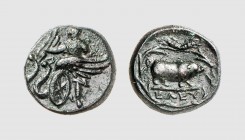 Attica. Eleusis. 350-330 BC. Æ (2.99g, 9h). Laffaille 123 = Strauss 357 (this coin). Charming green patina. Perfectly centered and struck. Exceptional...