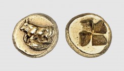 Mysia. Kyzikos. 500-450 BC. EL Hemihekte (1.36g). Fritze 89; Rosen 466 (this coin). Old cabinet tone. A charming coin. Choice extremely fine. From the...