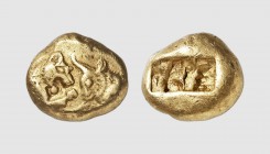 Lydia. Croesus. Sardes. 560-546 BC. AV Stater (10.69g). Heavy standard. Prototype issue. Konuk & Lorber 25; Tradart 3.53 (this coin). Lightly toned. A...