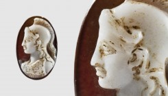 A Roman sardonyx cameo with a bust of Minerva. 2nd century AD. 25mm. From a private collection

The wisest of the Roman deities, Minerva was a goddess...