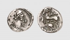 Celtica. The Bituriges Cubi. Bourges area. 1st century BC. AR Drachm (3.36g, 6h). LT -; DT -. Old cabinet tone. Some areas of weakness. Good very fine...