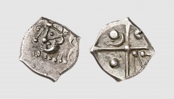 Celtica. The Cadurci. Cahors area. 1st century BC. AR Drachm (3.29g, 9h). Lopez 162; Savès -. Old cabinet tone. A coin of very modern style and amazin...