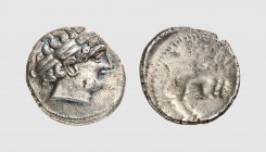 Southwest Gaul. Uncertain tribe. 2nd century BC. AR Drachm (4.34g, 11h). LT 2252; DT 3291. Old cabinet tone. Unusual classical portrait. Worn reverse ...