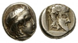 LESBOS, Mytilene. 1\/6 Stater. (El. 2.57g \/ 11mm). 454-428 BC Anv: Juvenile diademic head on the right. Rev: Male diademic head with a large right be...