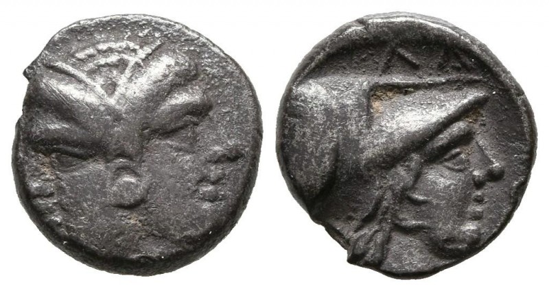 MISIA, Lampsakos. Diobolus. 3rd-4th century BC A \/ Janiform female head with ci...