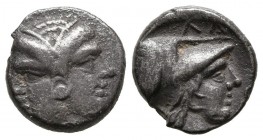 MISIA, Lampsakos. Diobolus. 3rd-4th century BC A \/ Janiform female head with circular hoop earring. R \/ Helmeted head of Athena on the right. SNG Fr...