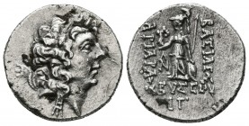 KINGS OF CAPPADOCIA, Ariarathes IX. Drachm. (Ar. 3.59g \/ 18mm). 96-95 BC (RY 5). Ob: Laureate bust to the right of Ariarathes IX. Rev: Athena shelf t...