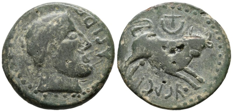 ASIDO (Medina Sidonia, C\u00e1diz). As. (Ae. 14.59g \/ 30mm). 50 BC Anv: Male he...