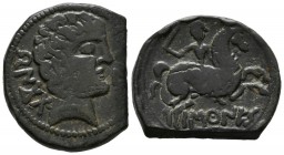 BASCUNES (Pamplona, Navarra). As. (Ae. 8.67g \/ 26mm). 120-20 BC Anv: Bearded head to the right, behind Iberian legend: BeNCoDa, in front of the dolph...