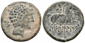 BILBILIS (Calatayud, Zaragoza). As. (Ae. 13.21g \/ 27mm). 120-30 BC Anv: Male head to the right, behind the Iberian letter S, in front of the dolphin....