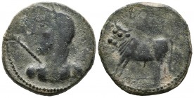 BORA (Alcaudete, Ja\u00e9n). Semis. (Ae. 12.03g \/ 26mm). 100-50 BC Anv: Female bust to the left, in front of the scepter. Rev: Bull to the left, abov...