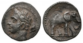 CARTAGONOVA (Cartagena, Murcia). 1\/4 Shekel. (Ar. 1.78g \/ 13mm). 235-220 BC Anv: Head of Melkart-Heracles left with club. Rev: Elephant on the right...
