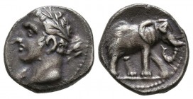 CARTAGONOVA (Cartagena, Murcia). 1\/4 Shekel. (Ar. 1.75g \/ 12mm). 235-220 BC Anv: Head of Melkart-Heracles left with club. Rev: Elephant on the right...