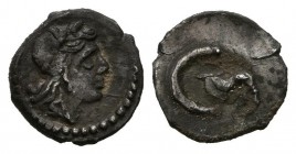 CARTAGONOVA (Cartagena, Murcia). 1\/36 Shekel. (Ar. 0.21g \/ 8mm). 200 BC Anv: Head of Tanit to the right. Rev: Dolphin and crescent. (FAB-565). VF.