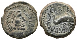 CARTEIA (San Roque, C\u00e1diz). Semis. (Ae. 4.50g \/ 19mm). 27 BC-AD 14 Anv: Head of Neptune to the right, behind trident, in front: IIII. VIR. ITER....