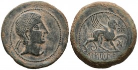 CASTULO (Cazlona, Ja\u00e9n). As. (Ae. 38.45g \/ 36mm). 180 BC Anv: Diademic male head on the right. Rev: Sphinx on the right with star and Iberian le...