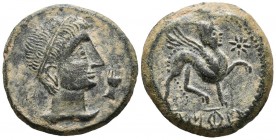 CASTULO (Cazlona, Ja\u00e9n). As. (Ae. 12.85g \/ 26mm). 180 BC Anv: Diademic male head on the right, in front of the hand. Rev: Sphinx on the right, i...