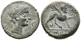 CASTULO (Cazlona, Ja\u00e9n). As. (Ae. 13.48g \/ 26mm). 180 BC Anv: Male head with diadem to the right, front crescent. Rev: Sphinx to the right, star...
