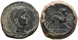 CASTULO (Cazlona, Ja\u00e9n). As. (Ae. 27.44g \/ 33mm). 180 BC Anv: Diademic male head on the right. Rev: Sphinx on the right, in front of star, below...
