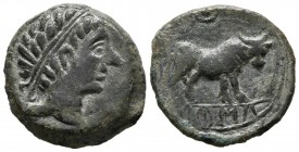 CASTULO (Cazlona, Jaen). Semis. (Ae. 6.00g \/ 21mm). 180 BC Anv: Diademic male head on the right. Rev: Bull on the right, above growing, below Iberian...