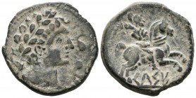 CELSE (Velilla del Ebro, Zaragoza). As. (Ae. 13.33g \/ 27mm). 120-50 BC Anv: Laureate male head on the right, around three dolphins. Rev: Rider with p...