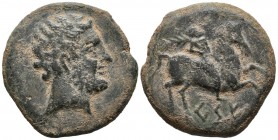 CESE (Tarragona). As. (Ae. 25.50g \/ 32mm). 120-20 BC Anv: Bearded head to the right. Rev: Rider to the right with palm, below Iberian legend: CeSE. (...