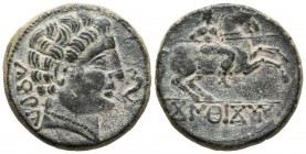 CONTERBIA CARBICA (Huete, Cuenca). As. (Ae. 10.36g \/ 25mm). 120-80 BC Anv: Male bust on the right without a beard, in front of the dolphin, behind Ib...