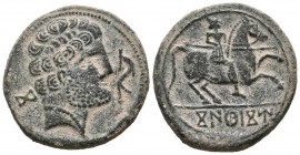 CONTERBIA CARBICA (Huete, Cuenca). As. (Ae. 8.73g \/ 25mm). 120-80 BC Anv: Male bust to the right with a beard, in front of the dolphin, in the back I...