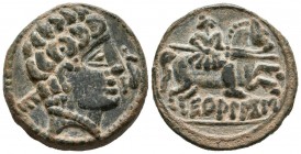 EQUALACOS (Soria area, Guadalajara). As. (Ae. 8.95g \/ 24mm). 120-20 BC Anv: Male head to the right, behind Iberian letter E, in front of dolphin. Rev...