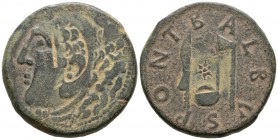 GADES (C\u00e1diz). Sesterce. (Ae. 35.28g \/ 37mm). 27 BC-14 AD Anv: Head of Hercules to the left, behind nails. Rev: Knife, symbol and ax, above star...