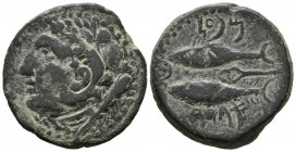 GADES (C\u00e1diz). As. (Ae. 14.42g \/ 27mm). 100-20 BC Anv: Head of Hercules to the left, behind nails. Rev: Two tuna on the left, Punic legend above...