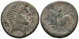 ICALCUNSCEN (Iniesta, Cuenca). As. (Ae. 13.24g \/ 27mm). 120-20 BC Anv: Male head to right, behind dolphin, in front of star. Rev: Horseman with lance...