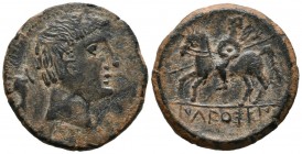ICALCUSCEN (Iniesta, Cuenca). As. (Ae. 10.13g \/ 26mm). 120-20 BC Anv: Male head to right, behind dolphin. Rev: Horseman with spear and shield on the ...