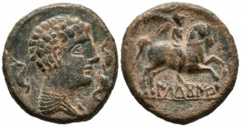 ILDUCOITE (Area of Catalonia). As. (Ae. 15.72g \/ 27mm). 120-20 BC Anv: Male head surrounded by three dolphins. Rev: Rider with palm, below Iberian le...