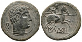 ILDURO (Matar\u00f3, Barcelona). As. (Ae. 12.86g \/ 30mm). 120-20 BC Anv: Diademic male head to the right, behind the ear. Rev: Rider with spear to th...
