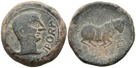 IPORA (Montoro, C\u00f3rdoba). Dupondio. (Ae. 38.07g \/ 34mm). 50 BC Anv: Male head to the right, in front of the legend: IPORA. Rev: Bull to the righ...