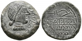 OBULCO (Porcuna, Ja\u00e9n). As. (Ae. 15.99g \/ 29mm). 220-20 BC Anv: Female head to the right, in front of the legend: OBVLCO. Rev: Plow to the right...
