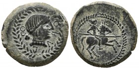 OBULCO (Porcuna, Ja\u00e9n). Semis. (Ae. 9.64g \/ 26mm). 220-20 BC Anv: Apollo's head to the right inside laurea, in front of the legend: ILNO. Rev: R...