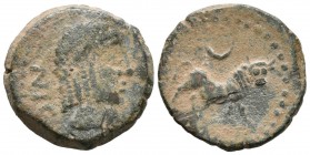 OBULCO (Porcuna, Ja\u00e9n). Semis. (Ae. 7.63g \/ 21mm). 220-20 BC Anv: Head of Apollo right, in front of OBVL, behind NIG. Rev: Bull to the right, ri...