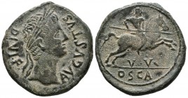 OSCA (Huesca). As. (Ae. 12.25g \/ 29mm). 27 BC-AD 14 Anv: Laureate head of Augustus on the right, around: AVGVGSTVS. DIVI. F. Rev: Rider with lance to...