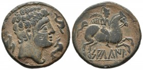 SALDUIE (Zaragoza). As. (Ae. 10.19g \/ 26mm). 120-30 BC Anv: Male head surrounded by three dolphins on the right. Rev: Horseman with palm and chlamys ...