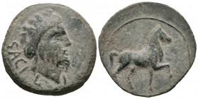 SACILI (Pedro Abad, C\u00f3rdoba). As. (Ae. 18.16g \/ 32mm). 120-50 BC Anv: Bearded head to the right, behind legend: SACILI. Rev: Horse walking to th...