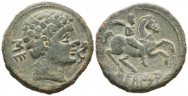 SECAISA (Area of Aragon). As. (Ae. 17.79g \/ 30mm). 120-20 BC Anv: Male head to the right, in front of the dolphin, behind Iberian letters: SE. Rev: R...