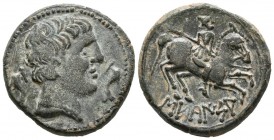 SECAISA (Area of Aragon). As. (Ae. 8.80g \/ 23mm). 120-20 BC Anv: Male head to the right between two dolphins. Rev: Rider with spear to the right, bel...