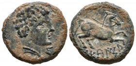 SECAISA (Area of Aragon). Semis. (Ae. 7.56g \/ 21mm). 120-20 BC Anv: Male head to the right, in front of the letter S. Rev: Horse to the right, below ...
