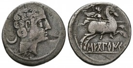 SECOBIRICES (Saelices, Cuenca). Denarius. (Ar. 3.42g \/ 19mm). 120-30 BC Anv: Male head to the right, behind crescent and below Iberian letter S. Rev:...