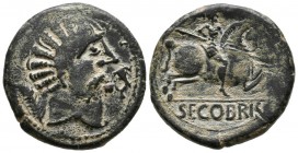 SEGOBRIGA (Saelices, Cuenca). As. (Ae. 10.27g \/ 24mm). 30-20 BC Anv: Male head to the right, in front of the dolphin, behind the palm. Rev: Rider wit...