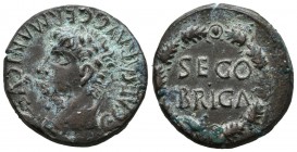 SEGOBRIGA (Saelices, Cuenca). Semis. (Ae. 5.17g \/ 22mm). 37-14 AD Anv: Laureate head of Caligula on the left, around legend: C. CAESAR. AVG. GERMANIC...